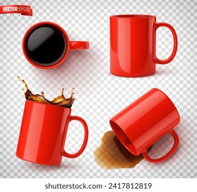 Vektorrealistische Illustration von roten Keramikkaffeemugs auf transparentem Hintergrund.