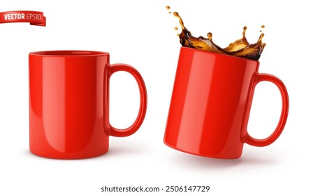 Vector realistic illustration of red ceramic mugs on a white background.