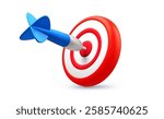 Vector realistic illustration of red color goal accurate target with arrow. 3d cartoon style design of business dart target icon with big blue arrow. Success finance marketing strategy for banner