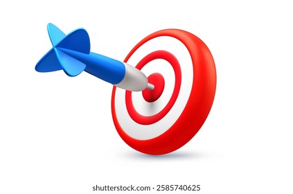 Vector realistic illustration of red color goal accurate target with arrow. 3d cartoon style design of business dart target icon with big blue arrow. Success finance marketing strategy for banner