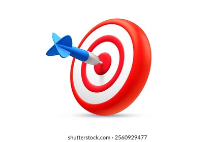 Vector realistic illustration of red dart target icon with arrow isolated on white background. 3d cartoon style design of business goal accurate target with arrow. Success finance marketing strategy