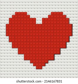 Vector realistic illustration of red heart from plastic bricks on white baseplate