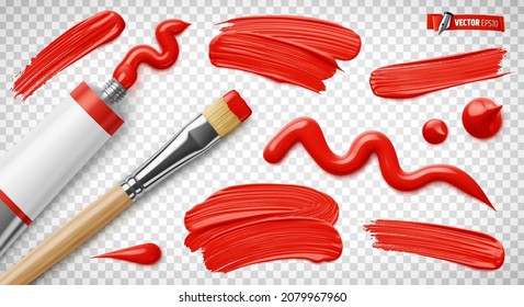 Vector realistic illustration of a red paint tube, paintbrush and brush strokes on a transparent background. - Shutterstock ID 2079967960