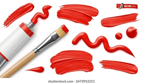 Vector realistic illustration of a red paint tube, paintbrush and brush strokes on a white background.