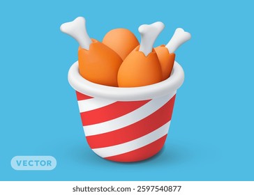Vector realistic illustration of red striped bucket with roast crispy chicken leg with bone. 3d style cartoon design of fried turkey drumstick in bucket. Meat fast food for banner, icon, menu, poster