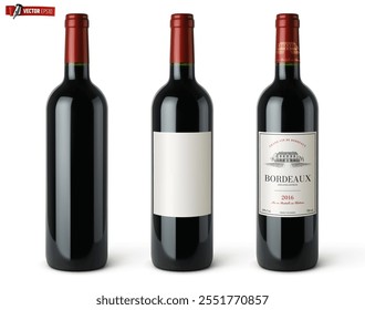 Vector realistic illustration of red wine bottles on a white background.