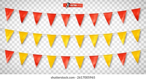 Vector realistic illustration of red and yellow pennant garland on a transparent background.
