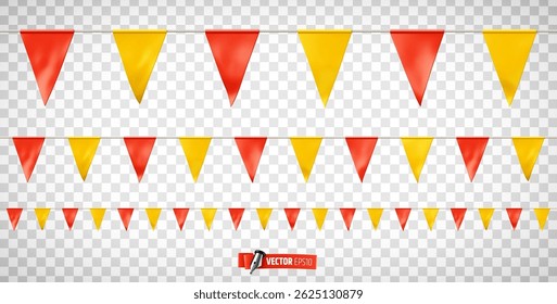 Vector realistic illustration of red and yellow pennant garland on a transparent background.