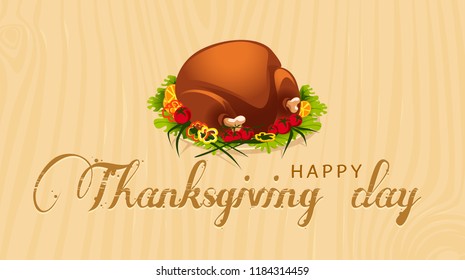 Vector realistic illustration of roasted turkey or grilled chicken with spices and vegetables, tomatoes, lettuce, olives, isolated on background. Traditional food for Christmas or Thanksgiving day