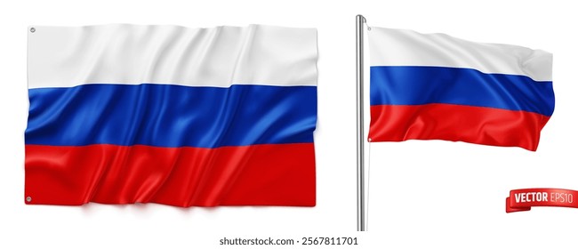 Vector realistic illustration of Russian flags on a white background.