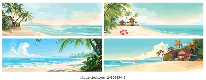 Vektorgrafik Realistic Illustration of Sandy Tropical Beach Resort - Handgezeichnete einfache Vektorgrafik für Sommerverkauf Reisekarte, Bildschirmhintergrund, Flyer oder Web Banner Design Vorlage