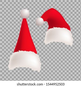 
Vector realistic illustration of Santa's hat. Attribute of a Christmas costume. Collection of Christmas hats.