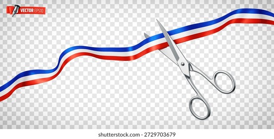 Vector realistic illustration of scissors cutting a tricolor ribbon on a transparent background.