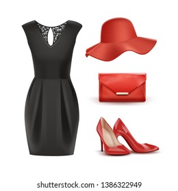 Vector Realistic Illustration Set Of Female Black Dress And Red Accessories: Hat, Leather Handbag, Shoes Isolated On White Background