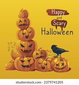 Vector Realistic Illustration Set of Halloween Pumpkins with Funny Faces