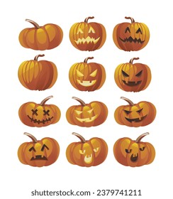 Vector Realistic Illustration Set of Halloween Pumpkins with Funny Faces