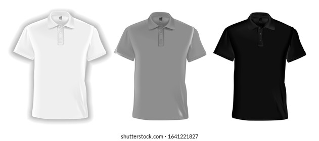 
Vector realistic illustration of a set of men's t-shirts. White, gray, black t-shirts. Isolated image of men's clothing.Men's polo shirt gray black white