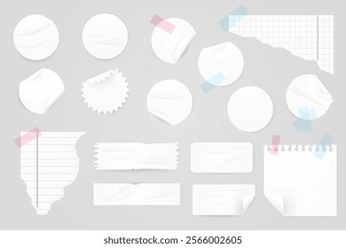 Vector realistic illustration set of white round and rectangular stickers, clip art, paper pieces