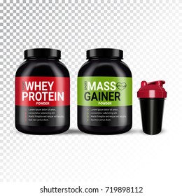 Vector realistic illustration of shaker and cans with various types of sports nutrition. Colorful objects on a transparent background.