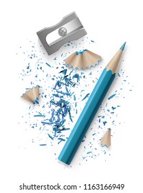 Vector realistic illustration of sharpener and blue pencil with shavings and graphite isolated on white background