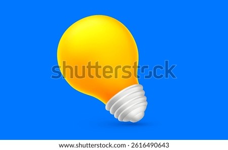 Vector realistic illustration of shine golden color light bulb icon on blue background. 3d cartoon style design of electric yellow glow light bulb icon. Business creative idea symbol for banner
