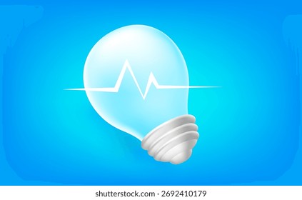 Ilustración realista del Vector del icono de la bombilla del brillo en el fondo azul del color. Símbolo de idea creativa de negocio. Diseño de estilo de dibujos animados 3D de icono de bombilla de luz de brillo eléctrico con pulso de energía para el Anuncio