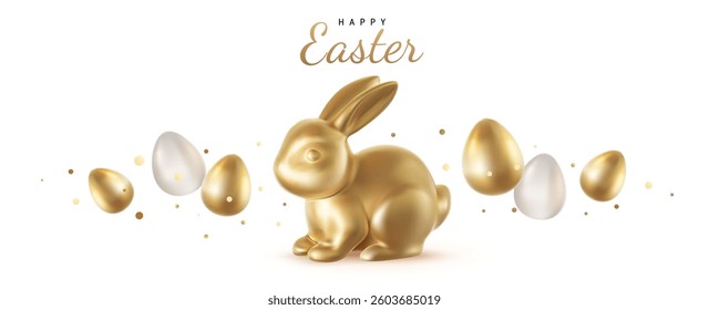 Vector realistic illustration with shiny golden bunny and egg on white background with text Happy Easter. 3d cartoon style design with golden rabbit and egg for holiday easter hunt banner, card