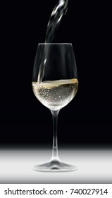 Vector realistic illustration of shiny transparent glass with pouring white vine on white table with black background