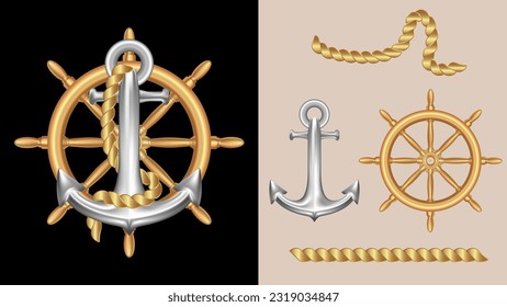 Vector realistic illustration of ship captain steering wheel with gold and steel anchor and ropes