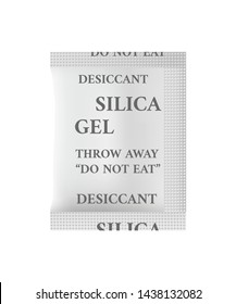 Vector Realistic Illustration Of Silica Gel In A Small White Package. Amorphous And Porous Form Of Silicon Dioxide For The Adsorption. Desiccant Hygroscopy Substance Isolated On A White Background.