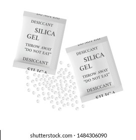 Vector Realistic Illustration Of Silica Gel. Two Small White Packages With Spilled Pile Of Balls. Amorphous And Porous Silicon Dioxide For The Adsorption. Desiccant Hygroscopy Substance Isolated.