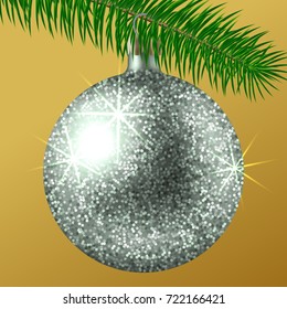 Vector realistic illustration silver Christmas ball or bauble with glitter sparkles and fir branch on gold background