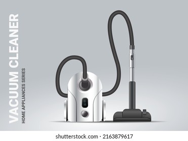 Vector realistic illustration of silver color vacuum cleaner with brush on light background. 3d style shine vacuum cleaner appliances design for web, site, banner, print, poster