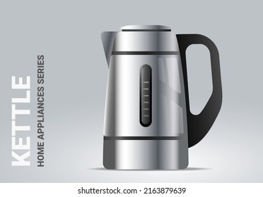 Vector realistic illustration of silver color kettle on light background. 3d style shine kettle appliances design for web, site, banner, print, poster