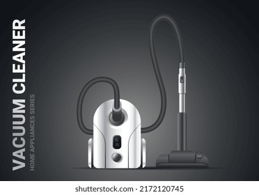 Vector realistic illustration of silver color vacuum cleaner with brush on dark background. 3d style shine vacuum cleaner appliances design for web, site, banner, print, poster