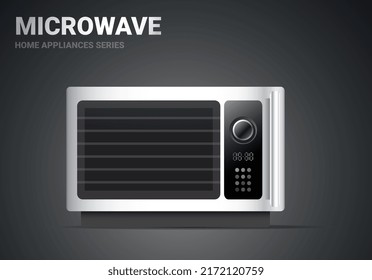 Vector realistic illustration of silver color kitchen microwave on dark background. 3d style shine kitchen microwave appliances design for web, site, banner, print, poster