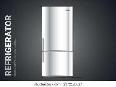 Ilustración vectorial realista del refrigerador de color plateado sobre fondo oscuro. 3d estilo brillo frigorífico diseño para web, sitio, banner, impresión, afiche
