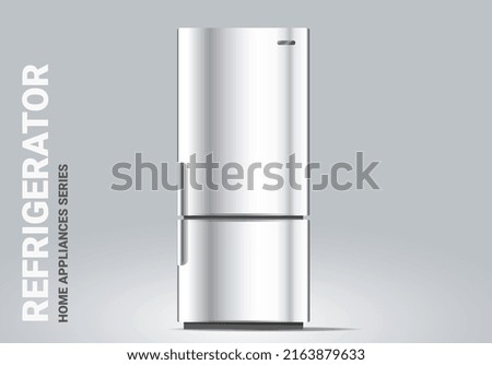 Vector realistic illustration of silver color refrigerator on light background. 3d style shine fridge appliances design for web, site, banner, print, poster
