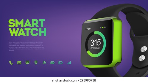 Vector realistic illustration of smart electronic intelligence watch, technology functions and template text