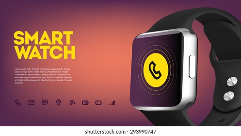 Vector realistic illustration of smart electronic intelligence watch, technology functions and template text