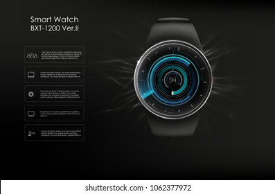 Vector realistic illustration of smart watch, technology functions and template text. Smart watch vector illustration.