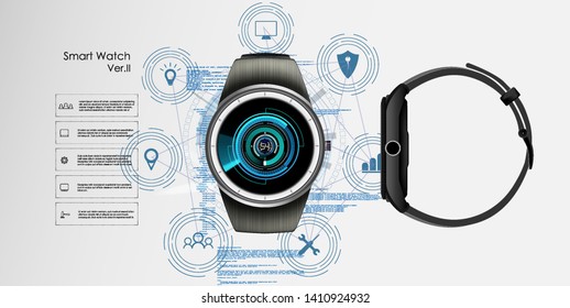Vector realistic illustration of smart watch, technology functions and template text. Smart watch vector illustration.