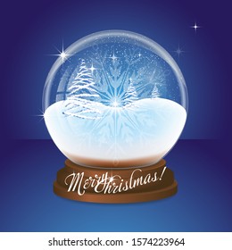 Vector realistic illustration of Snow globe. Merry Christmas and Happy new year glass snow globe with snow Christmas trees, shining stars and snowflakes.
