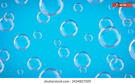 Vektor-realistische Darstellung von Seifenblasen auf blauem Hintergrund.