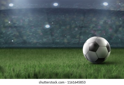 Vector realistic illustration of soccer ball on grass against football stadium arena background