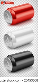 Ilustración vectorial realista de latas de soda en un fondo transparente.