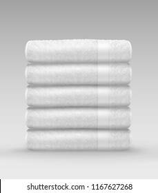 Vector realistic illustration of stack white clean terry folded towels isolated on gray background