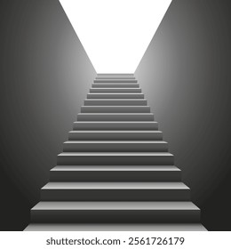 Vector realistic illustration of a stair leading up to a bright light. Staircase with blank side walls. Stairway to business success or career ladder. Architecture construction for building interior 