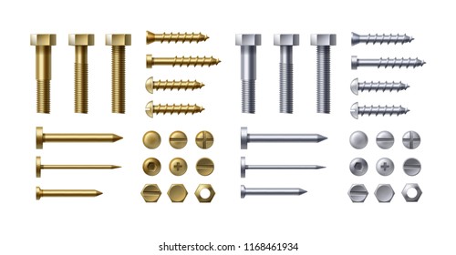 Vector realistic illustration of steel and brass bolts, nails and screws on white background. Heads types with nuts and washers, top view