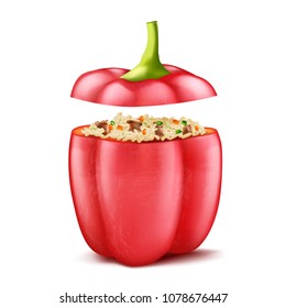 Vector realistic illustration of stuffed bell pepper filled with rice and forcemeat, isolated on background. Sweet red pod of paprika with mince, natural delicious high-calorie dish for eating